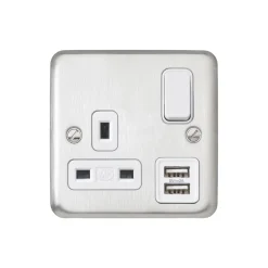 MK Contoura 13A 1-Gang DP Switched Socket + 2A 2-Outlet Type A USB Charger Brushed Stainless Steel With White Inserts 5 MK Contoura 13A 1-Gang DP Switched Socket + 2A 2-Outlet Type A USB Charger Brushed Stainless Steel With White Inserts -British General Shop 843RG A1
