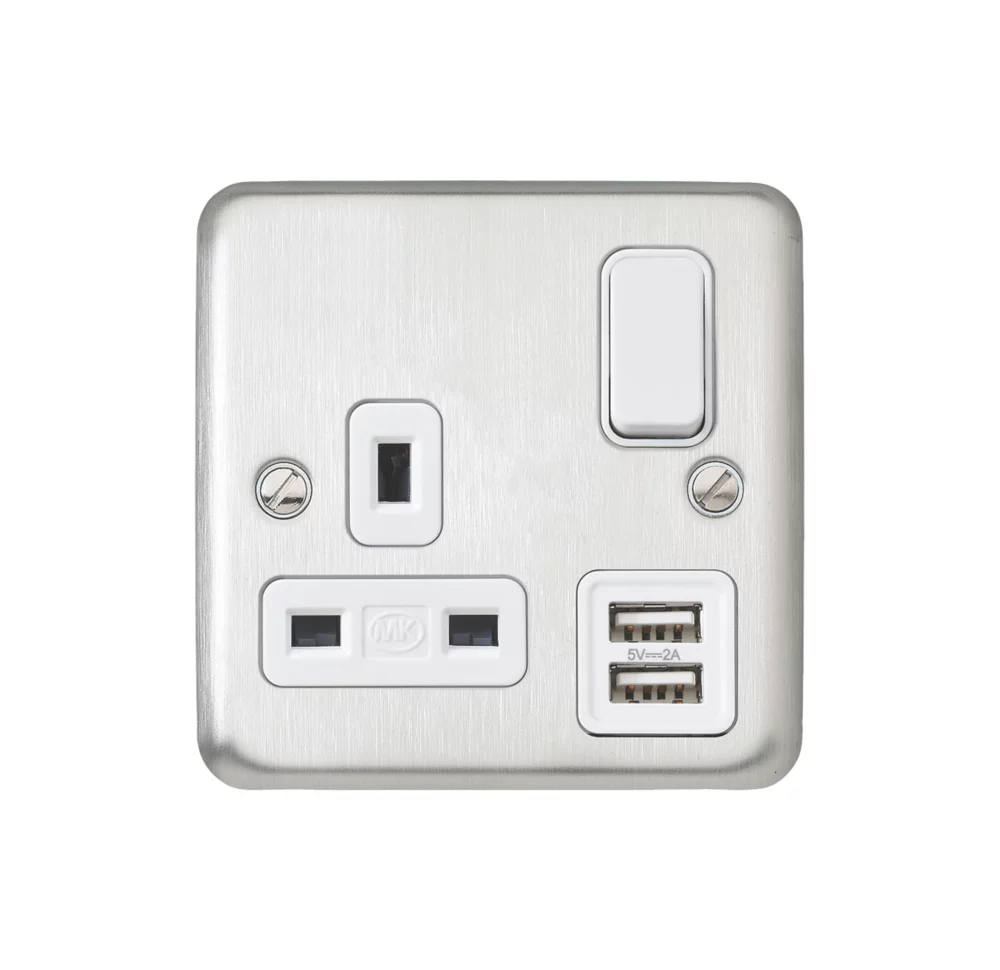 MK Contoura 13A 1-Gang DP Switched Socket + 2A 2-Outlet Type A USB Charger Brushed Stainless Steel With White Inserts 4 MK Contoura 13A 1-Gang DP Switched Socket + 2A 2-Outlet Type A USB Charger Brushed Stainless Steel With White Inserts - Image 2