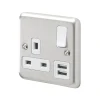 MK Contoura 13A 1-Gang DP Switched Socket + 2A 2-Outlet Type A USB Charger Brushed Stainless Steel With White Inserts 2 MK Contoura 13A 1-Gang DP Switched Socket + 2A 2-Outlet Type A USB Charger Brushed Stainless Steel With White Inserts -British General Shop 843RG P