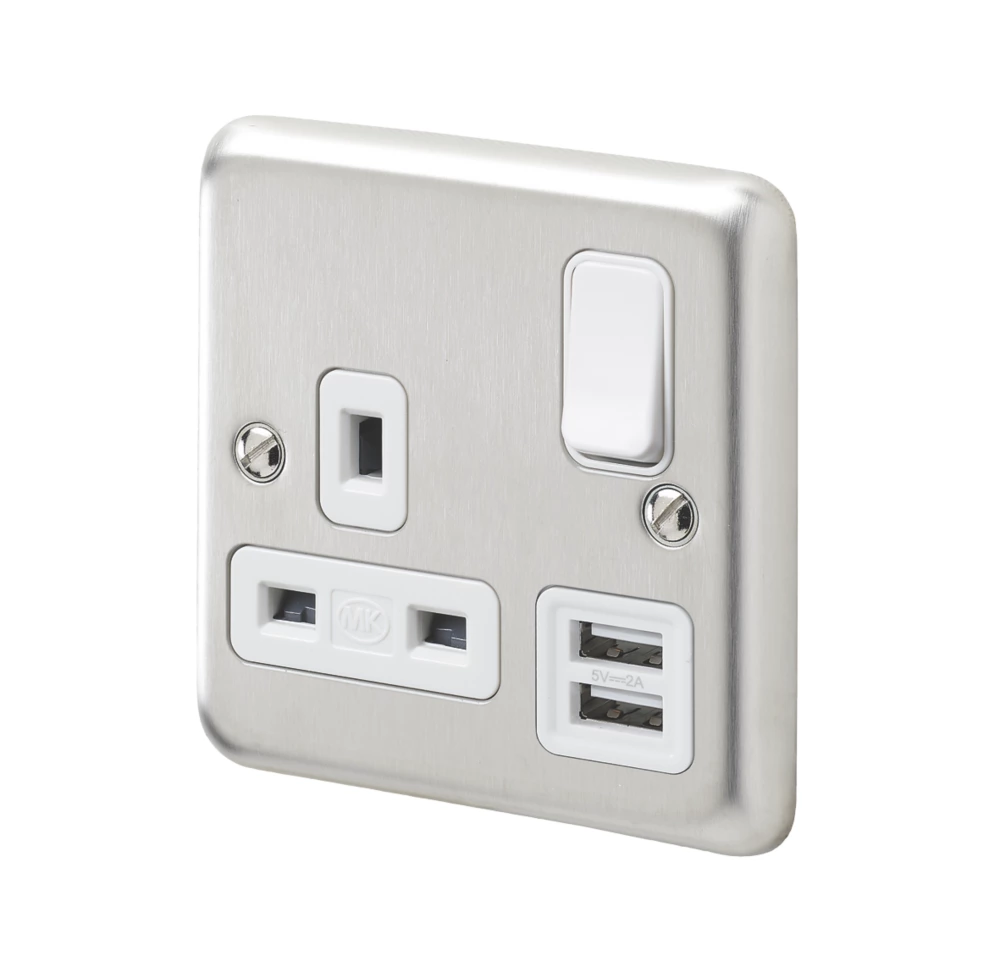 MK Contoura 13A 1-Gang DP Switched Socket + 2A 2-Outlet Type A USB Charger Brushed Stainless Steel With White Inserts 3 MK Contoura 13A 1-Gang DP Switched Socket + 2A 2-Outlet Type A USB Charger Brushed Stainless Steel With White Inserts