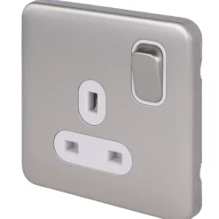Schneider Electric Lisse Deco 13A 1-Gang SP Switched Plug Socket Brushed Stainless Steel With White Inserts