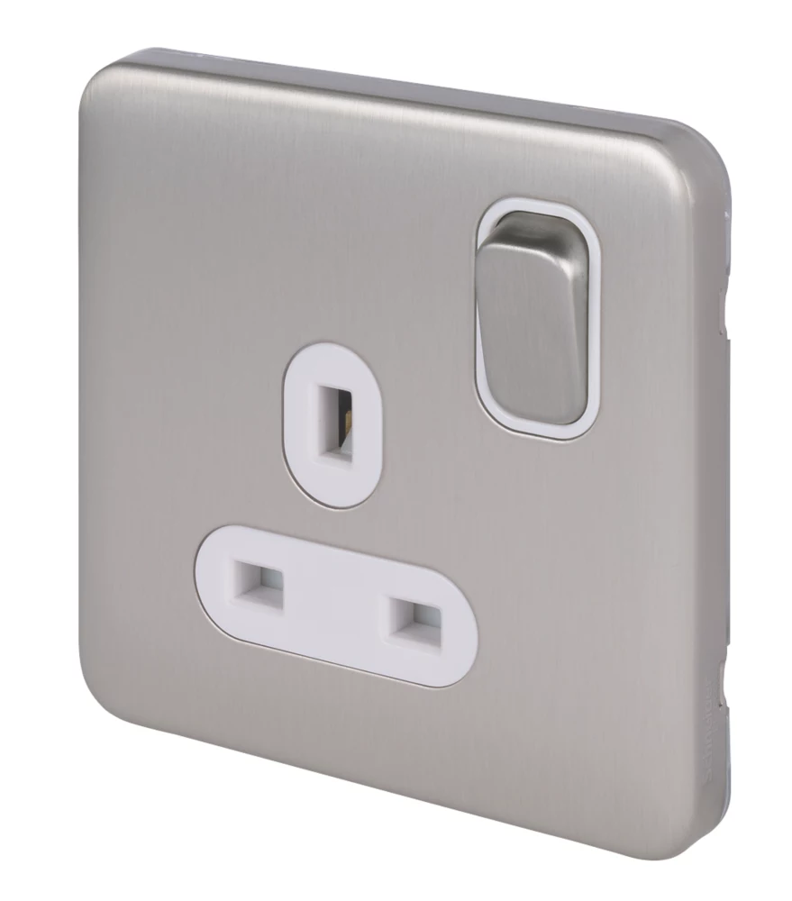Schneider Electric Lisse Deco 13A 1-Gang SP Switched Plug Socket Brushed Stainless Steel With White Inserts 3 Schneider Electric Lisse Deco 13A 1-Gang SP Switched Plug Socket Brushed Stainless Steel With White Inserts