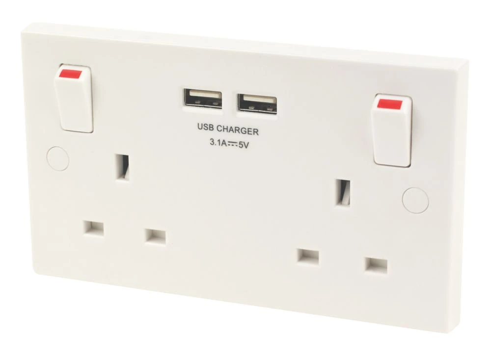 British General 900 Series 13A 2-Gang SP Switched Socket + 3.1A 2-Outlet Type A USB Charger White 3 British General 900 Series 13A 2-Gang SP Switched Socket + 3.1A 2-Outlet Type A USB Charger White