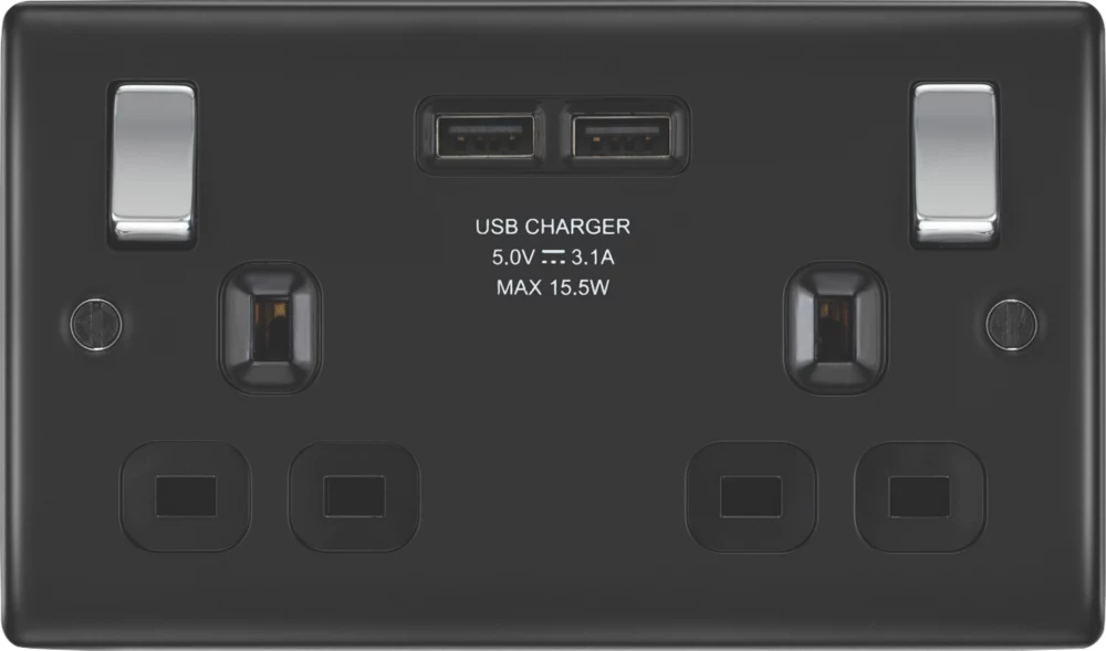 British General Nexus Metal 13A 2-Gang SP Switched Socket + 3.1A 2-Outlet Type A USB Charger Matt Black With Black Inserts 4 British General Nexus Metal 13A 2-Gang SP Switched Socket + 3.1A 2-Outlet Type A USB Charger Matt Black With Black Inserts - Image 2