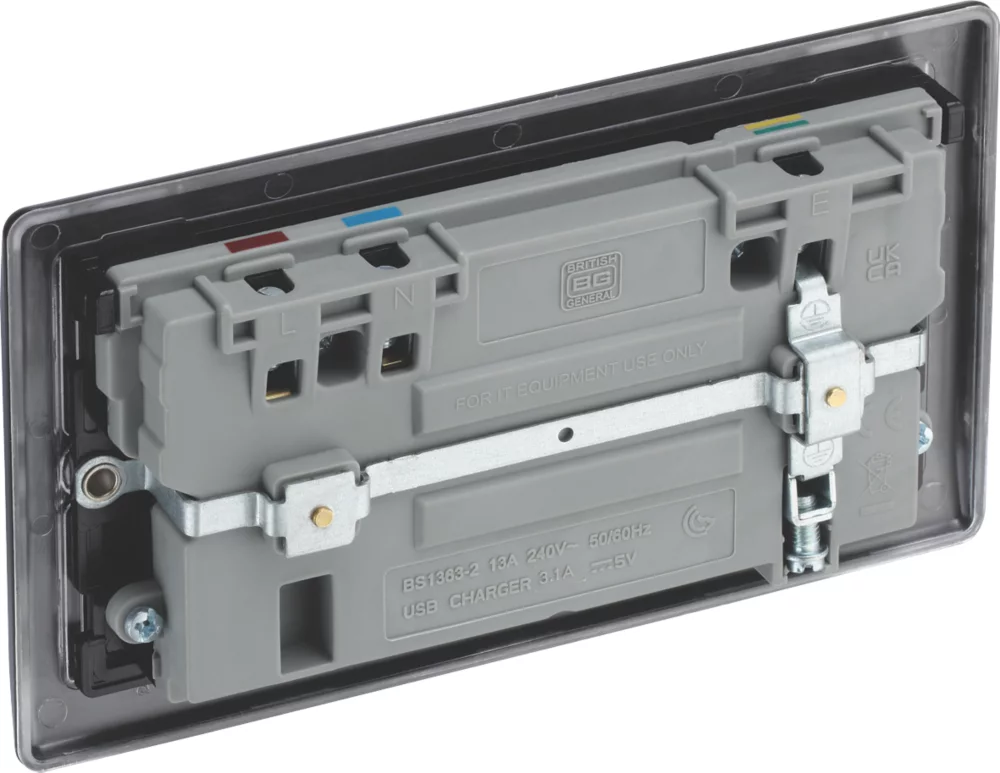 British General Nexus Metal 13A 2-Gang SP Switched Socket + 3.1A 2-Outlet Type A USB Charger Matt Black With Black Inserts 5 British General Nexus Metal 13A 2-Gang SP Switched Socket + 3.1A 2-Outlet Type A USB Charger Matt Black With Black Inserts - Image 3
