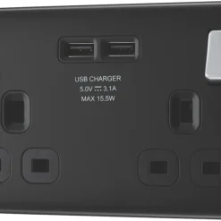 British General Nexus Metal 13A 2-Gang SP Switched Socket + 3.1A 2-Outlet Type A USB Charger Matt Black With Black Inserts
