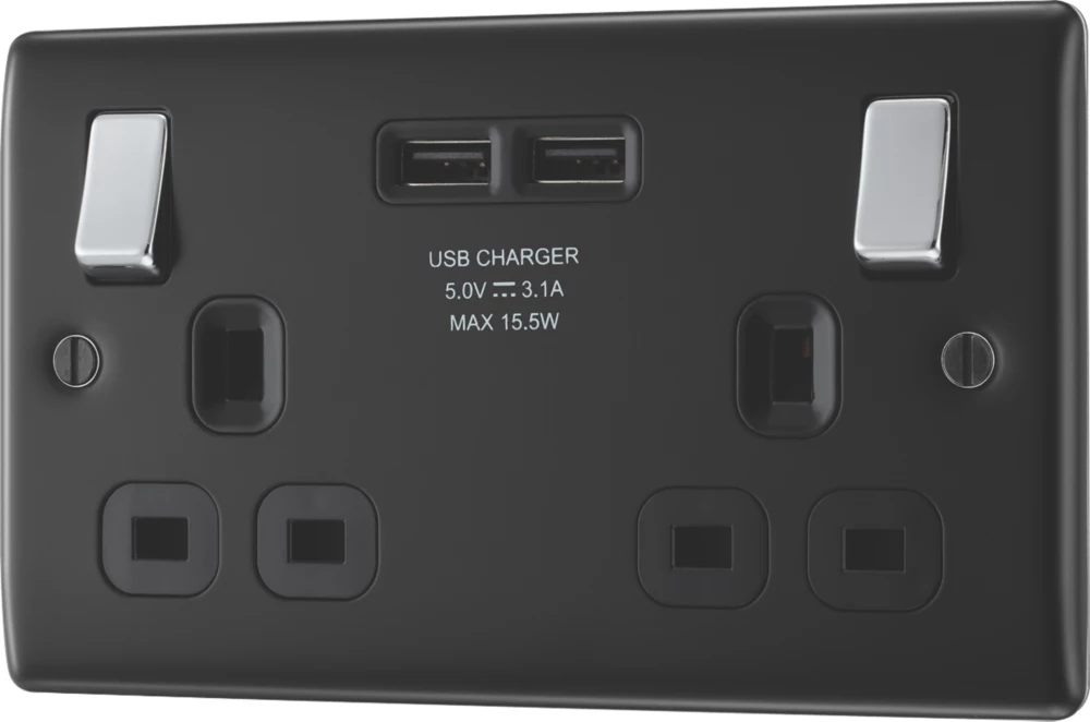 British General Nexus Metal 13A 2-Gang SP Switched Socket + 3.1A 2-Outlet Type A USB Charger Matt Black With Black Inserts 3 British General Nexus Metal 13A 2-Gang SP Switched Socket + 3.1A 2-Outlet Type A USB Charger Matt Black With Black Inserts