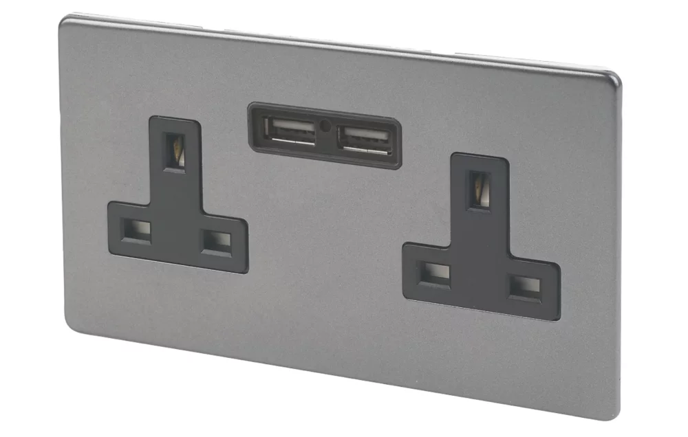 Varilight 13AX 2-Gang Unswitched Socket + 2.1A 2-Outlet Type A USB Charger Slate Grey With Black Inserts 3 Varilight 13AX 2-Gang Unswitched Socket + 2.1A 2-Outlet Type A USB Charger Slate Grey With Black Inserts