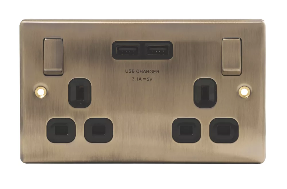 British General Nexus Metal 13A 2-Gang SP Switched Socket + 3.1A 2-Outlet Type A USB Charger Antique Brass With Black Inserts 4 British General Nexus Metal 13A 2-Gang SP Switched Socket + 3.1A 2-Outlet Type A USB Charger Antique Brass With Black Inserts - Image 2