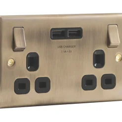 British General Nexus Metal 13A 2-Gang SP Switched Socket + 3.1A 2-Outlet Type A USB Charger Antique Brass With Black Inserts 9 British General Nexus Metal 13A 2-Gang SP Switched Socket + 3.1A 2-Outlet Type A USB Charger Antique Brass With Black Inserts -British General Shop 8640P A2