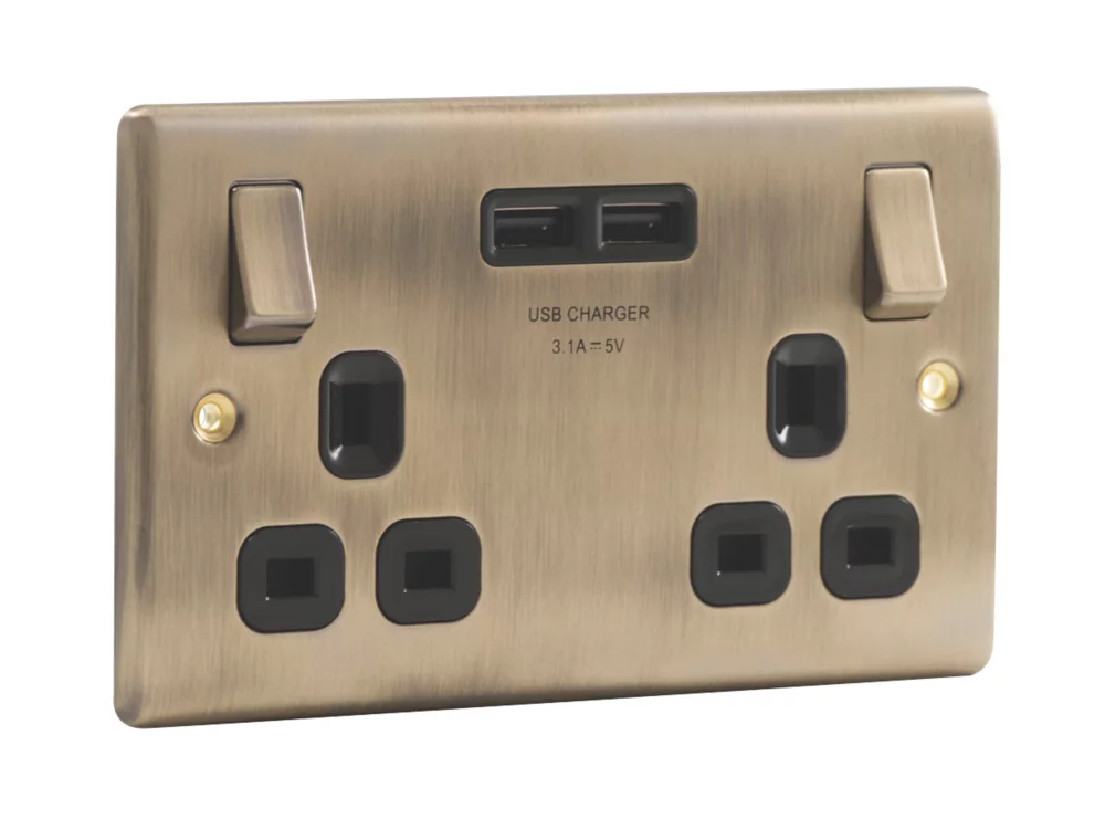 British General Nexus Metal 13A 2-Gang SP Switched Socket + 3.1A 2-Outlet Type A USB Charger Antique Brass With Black Inserts 5 British General Nexus Metal 13A 2-Gang SP Switched Socket + 3.1A 2-Outlet Type A USB Charger Antique Brass With Black Inserts - Image 3