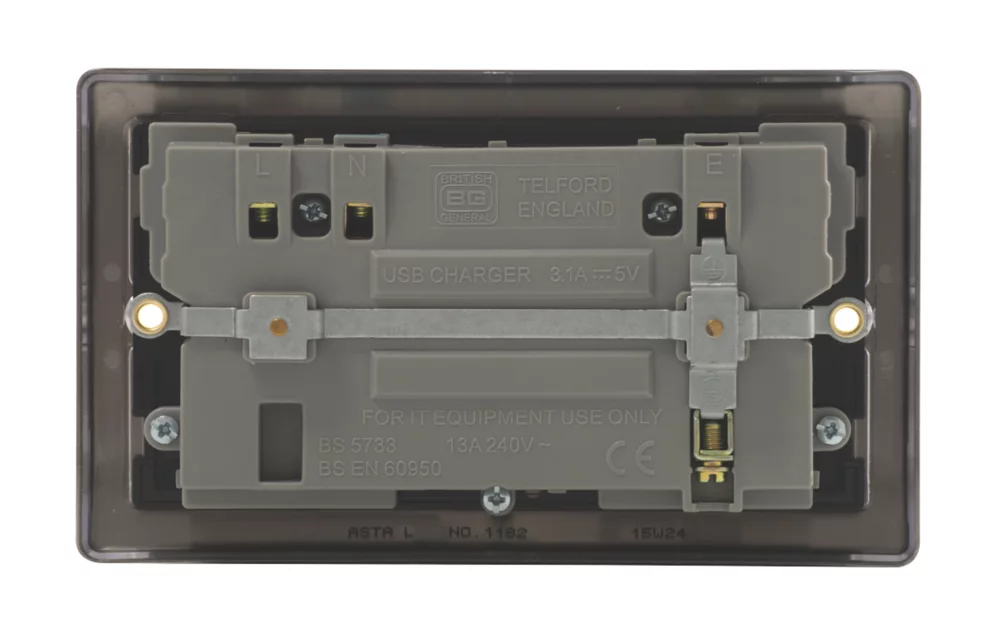 British General Nexus Metal 13A 2-Gang SP Switched Socket + 3.1A 2-Outlet Type A USB Charger Antique Brass With Black Inserts 6 British General Nexus Metal 13A 2-Gang SP Switched Socket + 3.1A 2-Outlet Type A USB Charger Antique Brass With Black Inserts - Image 4