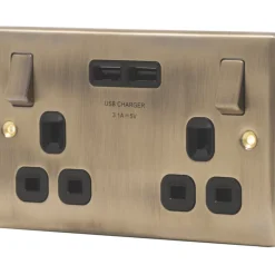British General Nexus Metal 13A 2-Gang SP Switched Socket + 3.1A 2-Outlet Type A USB Charger Antique Brass With Black Inserts