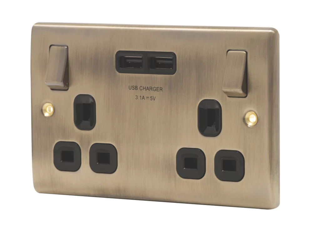 British General Nexus Metal 13A 2-Gang SP Switched Socket + 3.1A 2-Outlet Type A USB Charger Antique Brass With Black Inserts 3 British General Nexus Metal 13A 2-Gang SP Switched Socket + 3.1A 2-Outlet Type A USB Charger Antique Brass With Black Inserts