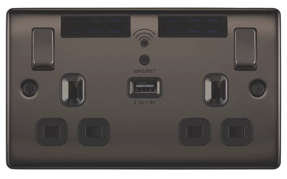 British General Nexus Metal 13A 2-Gang SP Switched Wi-Fi Extender Socket + 2.1A 1-Outlet Type A USB Charger Black Nickel With Black Inserts 4 British General Nexus Metal 13A 2-Gang SP Switched Wi-Fi Extender Socket + 2.1A 1-Outlet Type A USB Charger Black Nickel With Black Inserts - Image 2