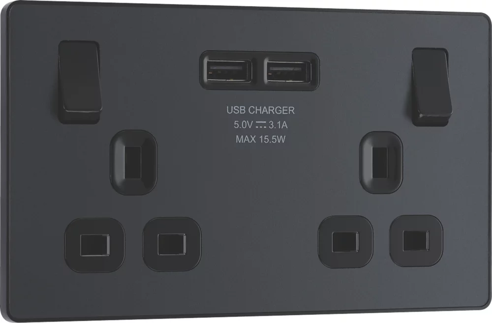 British General Evolve 13A 2-Gang SP Switched Socket + 3.1A 2-Outlet Type A USB Charger Grey With Black Inserts 4 British General Evolve 13A 2-Gang SP Switched Socket + 3.1A 2-Outlet Type A USB Charger Grey With Black Inserts - Image 2