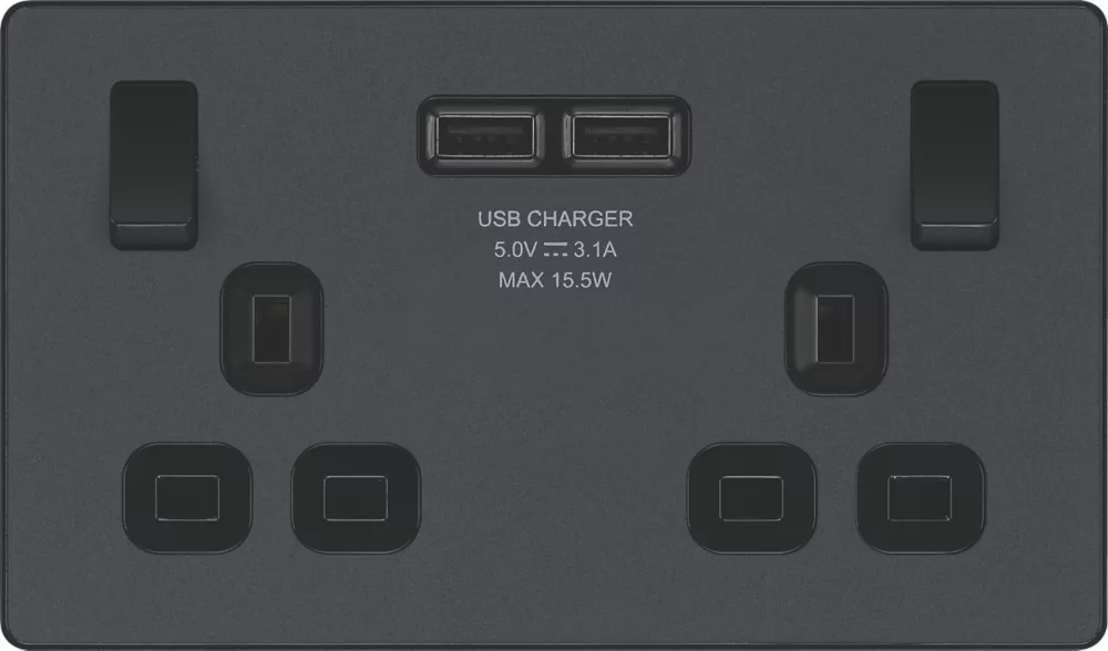 British General Evolve 13A 2-Gang SP Switched Socket + 3.1A 2-Outlet Type A USB Charger Grey With Black Inserts 5 British General Evolve 13A 2-Gang SP Switched Socket + 3.1A 2-Outlet Type A USB Charger Grey With Black Inserts - Image 3