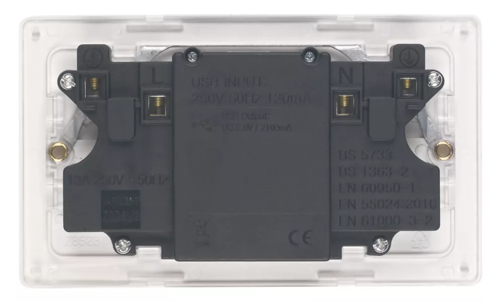 Varilight 13AX 2-Gang Unswitched Socket + 2.1A 2-Outlet Type A USB Charger Ice White With White Inserts 4 Varilight 13AX 2-Gang Unswitched Socket + 2.1A 2-Outlet Type A USB Charger Ice White With White Inserts - Image 2