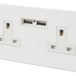 Varilight 13AX 2-Gang Unswitched Socket + 2.1A 2-Outlet Type A USB Charger Ice White With White Inserts