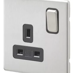 MK Aspect 13A 1-Gang DP Switched Plug Socket Brushed Stainless Steel With Black Inserts