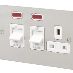 MK Edge 45A 1-Gang DP Cooker Switch & 13A DP Switched Socket Brushed Stainless Steel With Neon With White Inserts