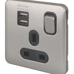 Schneider Electric Lisse Deco 13A 1-Gang SP Switched Socket + 2.1A 2-Outlet Type A USB Charger Brushed Stainless Steel With Black Inserts -British General Shop 882CC A1