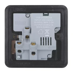 Schneider Electric Lisse Deco 13A 1-Gang SP Switched Socket + 2.1A 2-Outlet Type A USB Charger Brushed Stainless Steel With Black Inserts -British General Shop 882CC A4