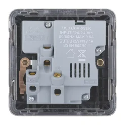 Schneider Electric Lisse Deco 13A 1-Gang SP Switched Socket + 2.1A 2-Outlet Type A USB Charger Brushed Stainless Steel With Black Inserts -British General Shop 882CC A5