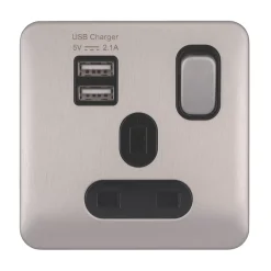 Schneider Electric Lisse Deco 13A 1-Gang SP Switched Socket + 2.1A 2-Outlet Type A USB Charger Brushed Stainless Steel With Black Inserts -British General Shop 882CC A6