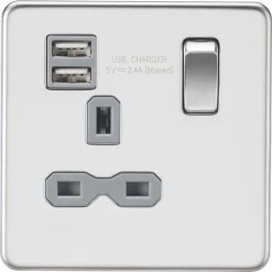 Knightsbridge SFR9124PCG 13A 1-Gang SP Switched Socket + 2.1A 2-Outlet Type A USB Charger Polished Chrome With Colour-Matched Inserts