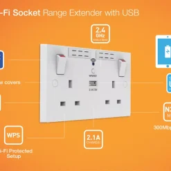 British General 900 Series 13A 2-Gang SP Switched Wi-Fi Extender Socket + 2.1A 1-Outlet Type A USB Charger White -British General Shop 8865V A5