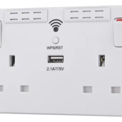 British General 900 Series 13A 2-Gang SP Switched Wi-Fi Extender Socket + 2.1A 1-Outlet Type A USB Charger White