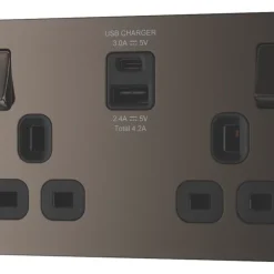 LAP 13A 2-Gang SP Switched Socket + 4.2A 2-Outlet Type A & C USB Charger Black Nickel With Black Inserts