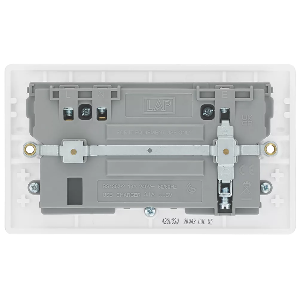 LAP 13A 2-Gang SP Switched Socket + 3.1A 3-Outlet Type A USB Charger White 6 LAP 13A 2-Gang SP Switched Socket + 3.1A 3-Outlet Type A USB Charger White - Image 4