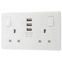 LAP 13A 2-Gang SP Switched Socket + 3.1A 3-Outlet Type A USB Charger White