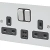 MK Edge 13A 2-Gang DP Switched Socket + 2A 2-Outlet Type A USB Charger Polished Chrome With Black Inserts -British General Shop 900HX P