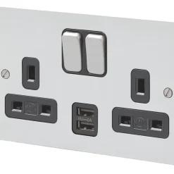 MK Edge 13A 2-Gang DP Switched Socket + 2A 2-Outlet Type A USB Charger Polished Chrome With Black Inserts