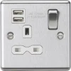 Knightsbridge CL9124BCW 13A 1-Gang SP Switched Socket + 2.4A 2-Outlet Type A USB Charger Brushed Chrome With White Inserts -British General Shop 902TY P