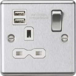 Knightsbridge CL9124BCW 13A 1-Gang SP Switched Socket + 2.4A 2-Outlet Type A USB Charger Brushed Chrome With White Inserts