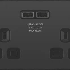 British General Evolve 13A 2-Gang SP Switched Socket + 3.1A 2-Outlet Type A USB Charger Black With Black Inserts -British General Shop 906RF A2