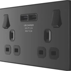 British General Evolve 13A 2-Gang SP Switched Socket + 3.1A 2-Outlet Type A USB Charger Black With Black Inserts