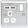 British General Nexus Metal 13A 1-Gang SP Switched Socket + 2.1A 2-Outlet Type A USB Charger Polished Chrome With White Inserts -British General Shop 913FT P