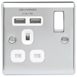 British General Nexus Metal 13A 1-Gang SP Switched Socket + 2.1A 2-Outlet Type A USB Charger Polished Chrome With White Inserts