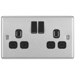 LAP 13A 2-Gang SP Switched Plug Socket Brushed Stainless Steel With Black Inserts -British General Shop 9183C A2