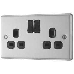 LAP 13A 2-Gang SP Switched Plug Socket Brushed Stainless Steel With Black Inserts