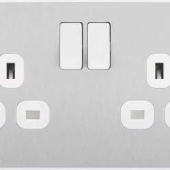 British General Evolve 13A 2-Gang SP Switched Socket Brushed Steel With White Inserts -British General Shop 918RF A2