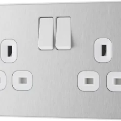 British General Evolve 13A 2-Gang SP Switched Socket Brushed Steel With White Inserts -British General Shop 918RF A3