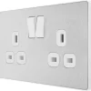 British General Evolve 13A 2-Gang SP Switched Socket Brushed Steel With White Inserts -British General Shop 918RF P