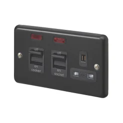 MK Contoura 45A 2-Gang DP Cooker Switch & 13A DP Switched Socket Black With Neon With Colour-Matched Inserts