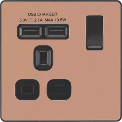 British General Evolve 13A 1-Gang SP Switched Socket + 2.1A 2-Outlet Type A USB Charger Copper With Black Inserts -British General Shop 923RF A2
